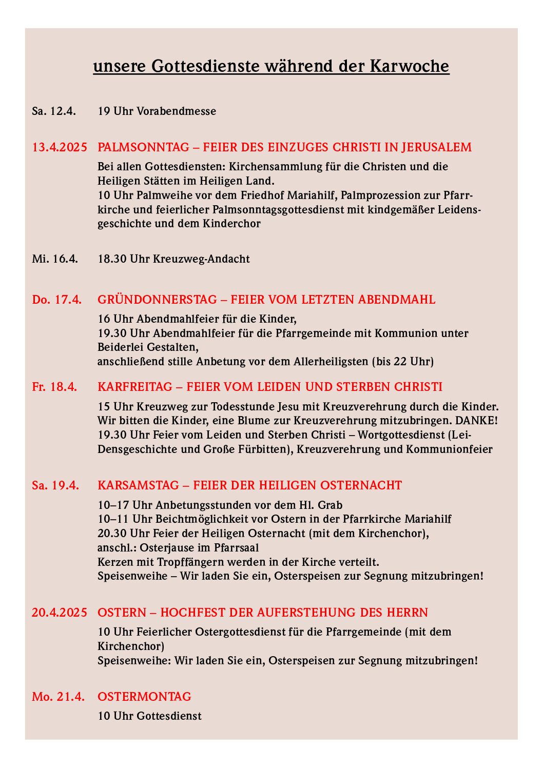 unsere Gottesdienste während der Karwoche